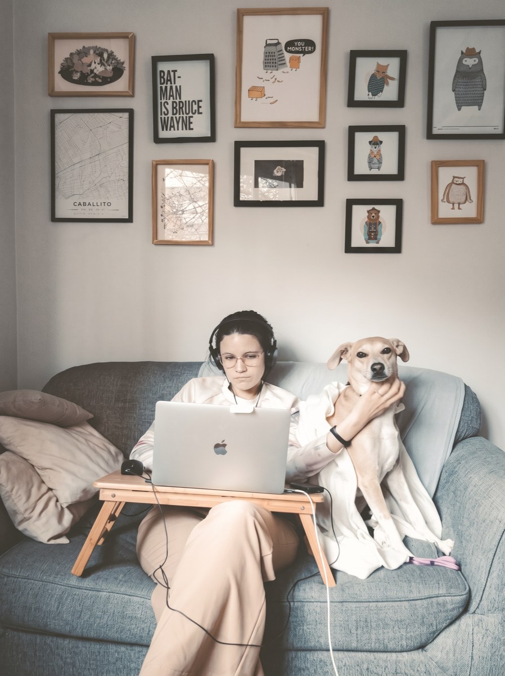 Person mit Kopfhoerern und Laptop auf dem Sofa, daneben ein Hund
